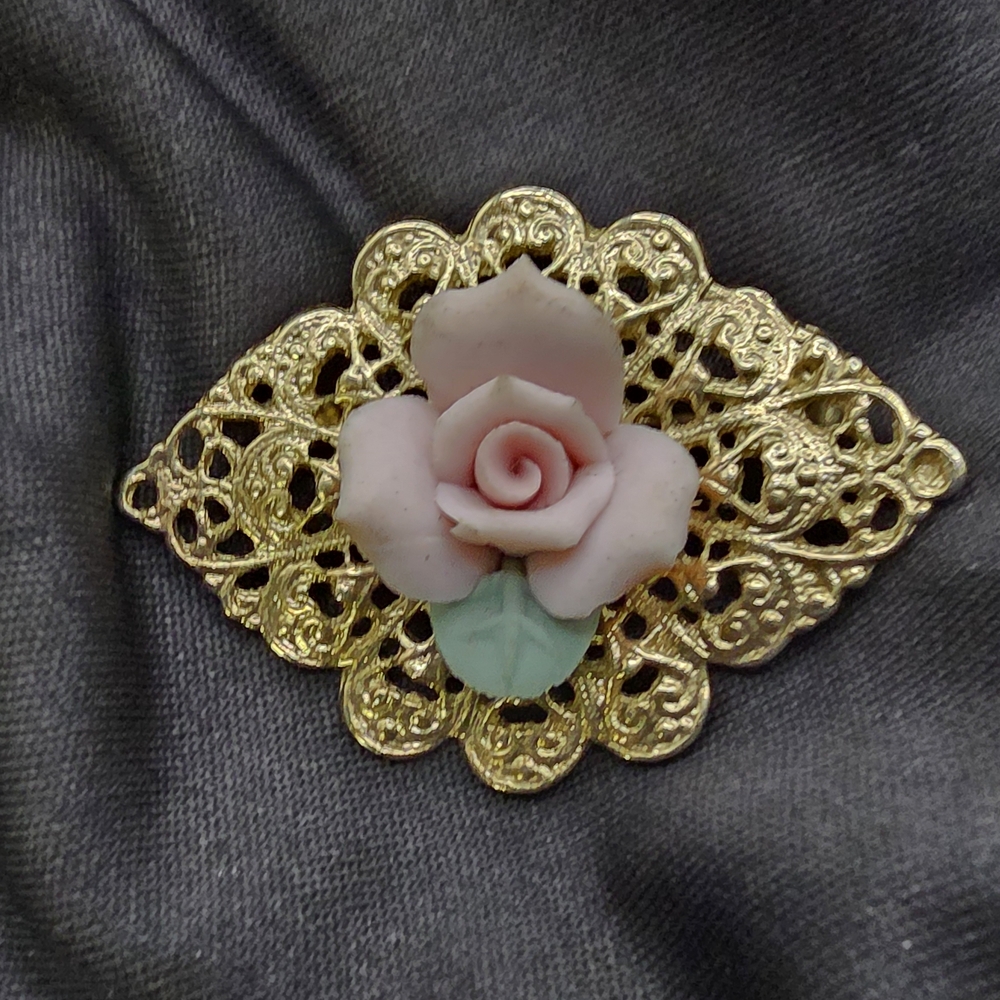 Gold Tone Filigree With Pink Rose Brooch